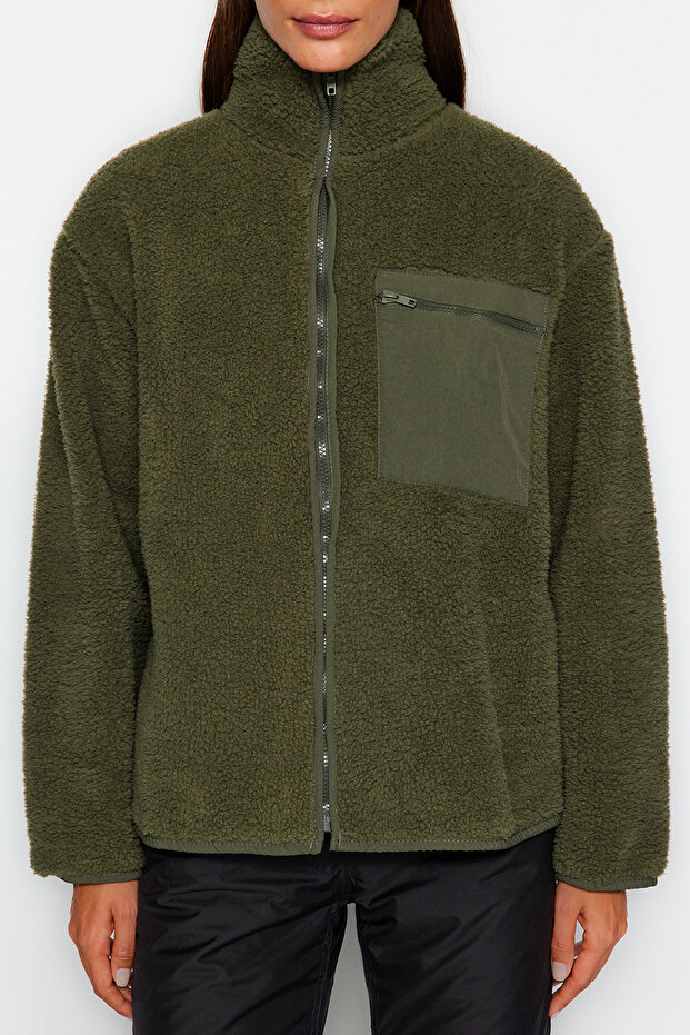 Winter Essentials Haki Kalın Polar Fermuarlı Dik Yaka Uzun Kol Cepli Örme Sweatshirt TWOAW24SW00071 - 2