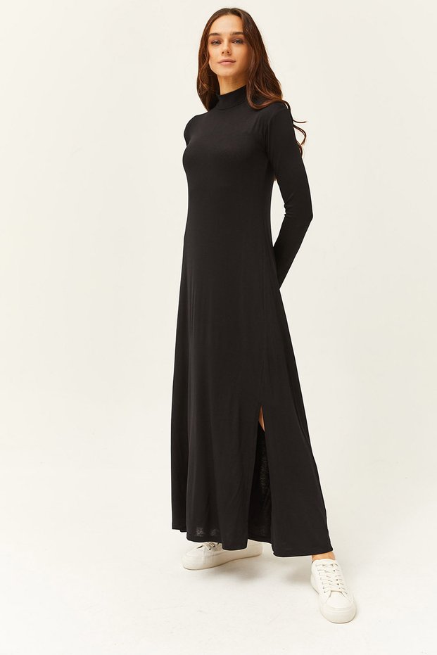 Women's Black Half Fisherman Slit Lycra Midi Viscose Dress ELB-19001989