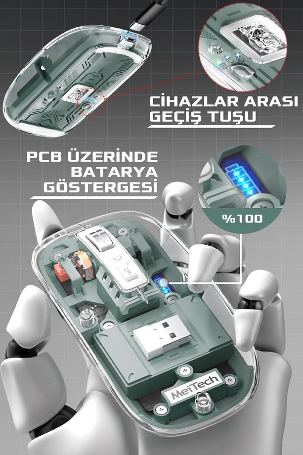 Sessiz Kablosuz Wireless Magic Mouse, Dpi 2400, Şarj Edilebilir, 2.4Ghz+BT 5.0, - 1