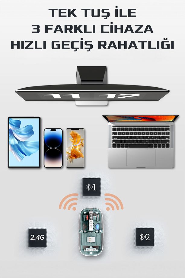 Sessiz Kablosuz Wireless Magic Mouse, Dpi 2400, Şarj Edilebilir, 2.4Ghz+BT 5.0, - 8