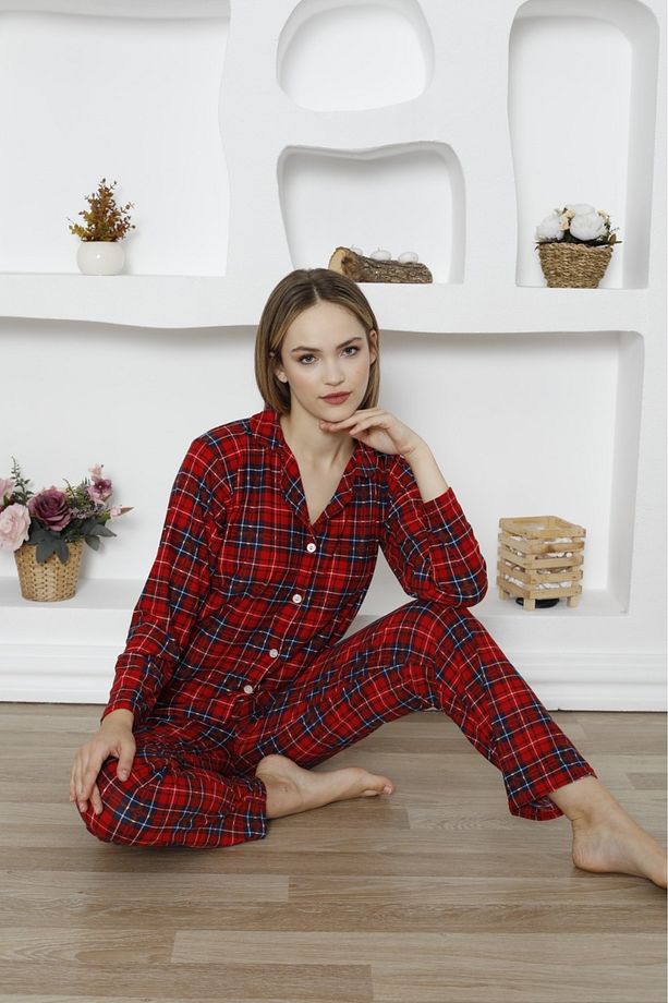 Pamuklu Kare Desenli Pijama Takımı - Mevsimlik Pijama Takımı - Düğmeli Pijama Takımı - 3