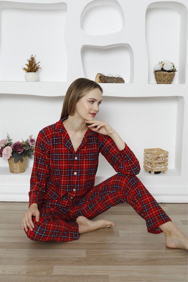 Pamuklu Kare Desenli Pijama Takımı - Mevsimlik Pijama Takımı - Düğmeli Pijama Takımı - 4