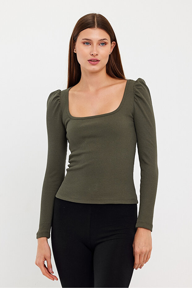 Women's Square Collar Long Sleeve Blouse-body Khaki
