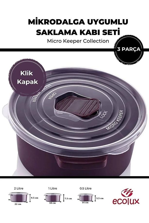 Mikrodalga Ve Difrizde Kullanılabilen Saklama Kabı Seti Yuvarlak 12'li Mürdüm - 3