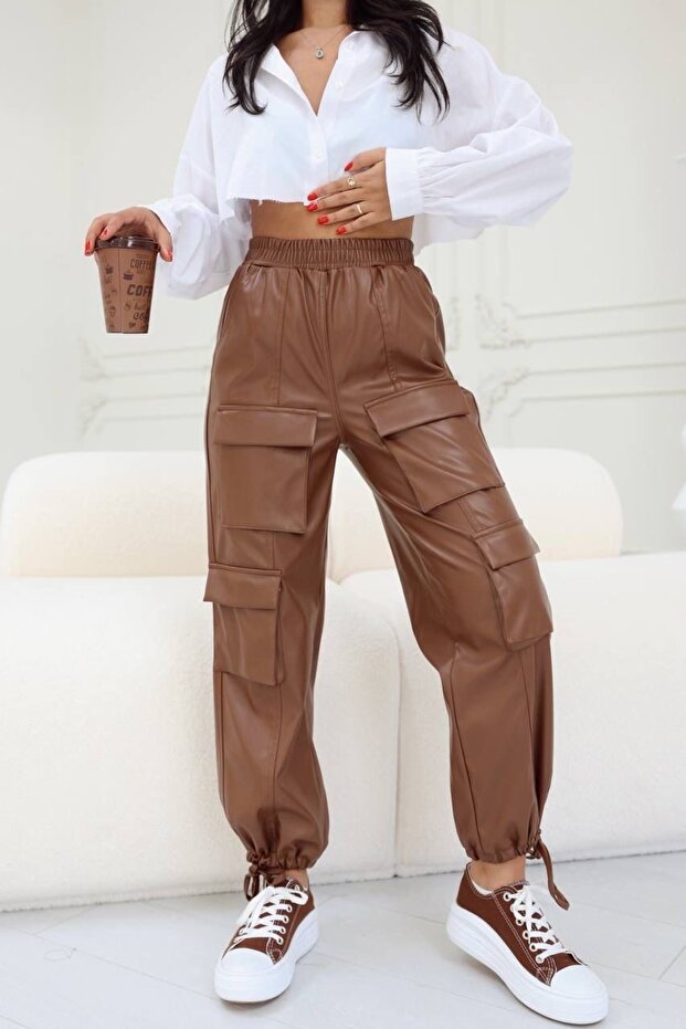 Women's Black Cargo Pocket Jogger Leather Pants