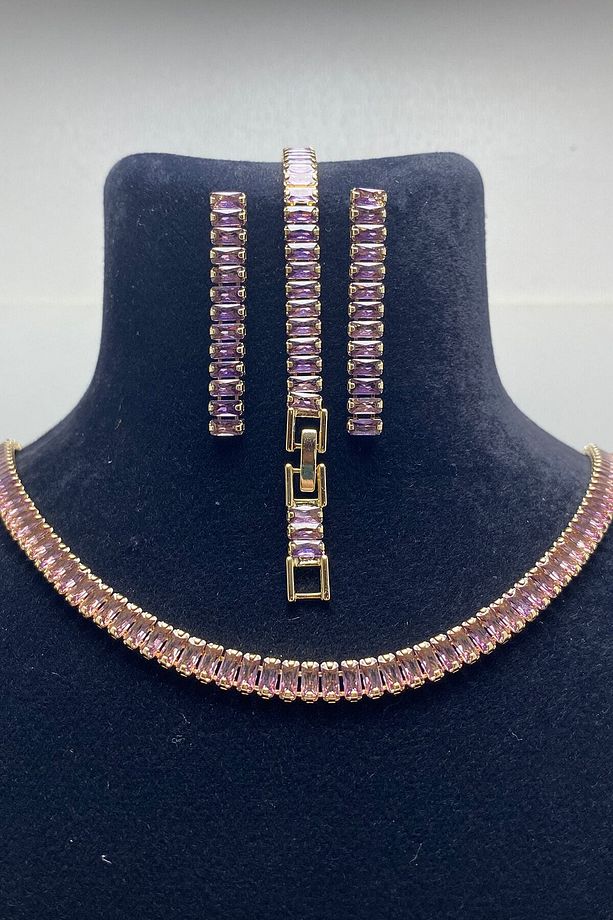 Mor Zirkon Taşlı Baget Model Su Yolu Gold Kolye & Bileklik & Küpe Set 5 mm - 2