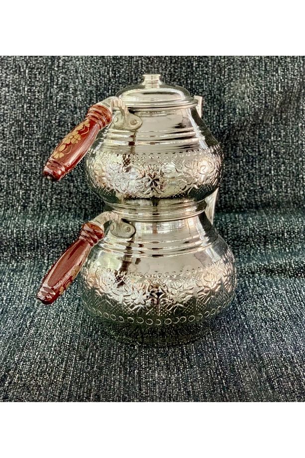 Bakır Çaydanlık Takımı İşlemeli Büyük Aile Boyu 4-6kişilik Kalaylı Kullanıma Hazır - 2