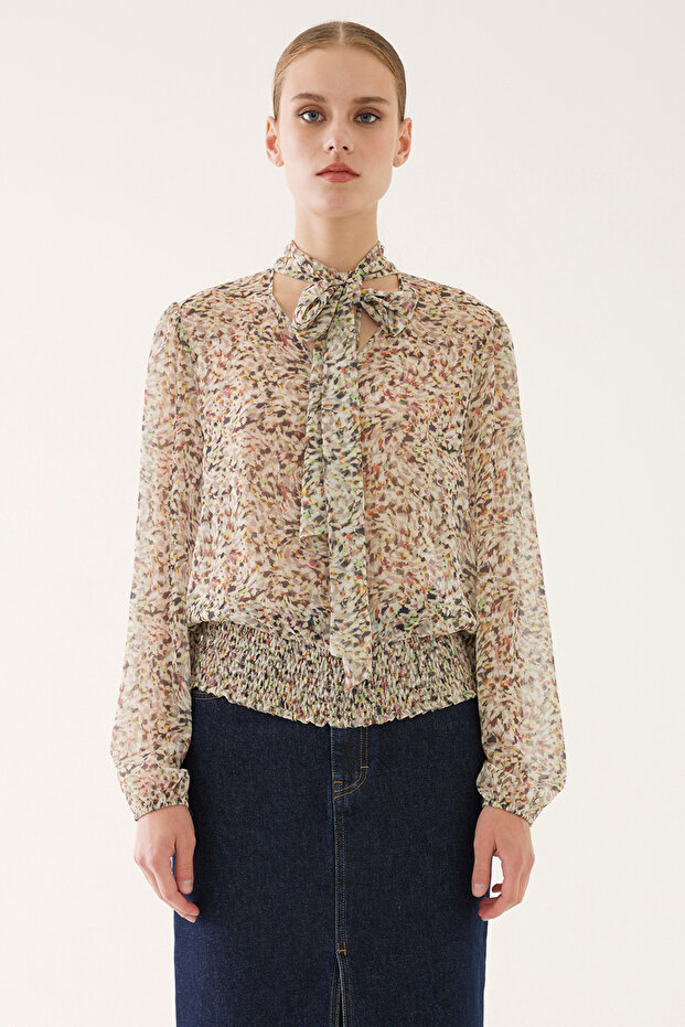 Kinsey Regular Fit Short Length Fake Sleeve Tie Collar Multicolor Women's Blouse