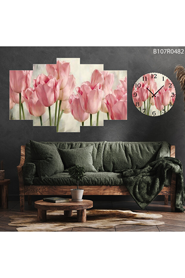 Parçalı Ahşap Duvar Tablo 5 Parça Set Ve saatli - 1