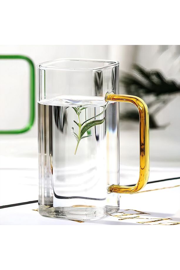 Kare Cam Yeşil Kulplu Latte, Meşrubat, Neskafe, Süt, Su Bardağı Uzun Termisil Bardak Seti 2'li 380ml - 5