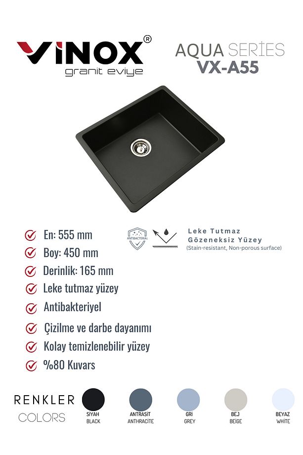 I I Granit Eviye Beyaz Tek Göz Tezgah Altı Mutfak Evyesi 55x45Cm (VX-A55) - 4