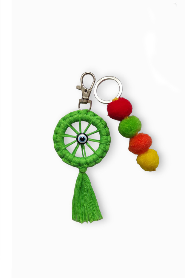 Green Ring & Pompom with Evil Eye Beads 2-Piece Macrame Charm Keychain/Bag Charm