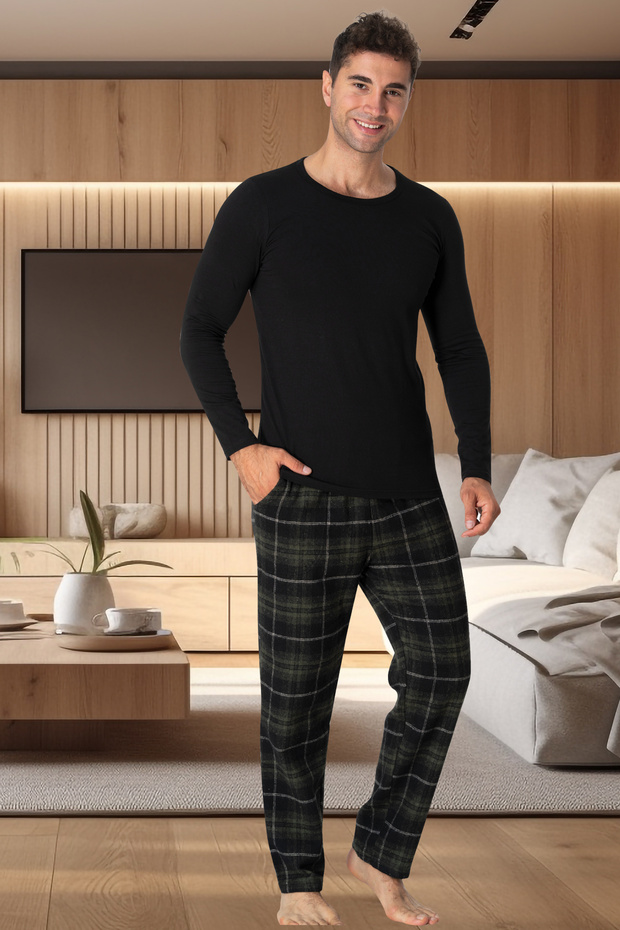 Ekoseli Büyük Beden Erkek Pijama Takımı Model cep detaylıdır - 1