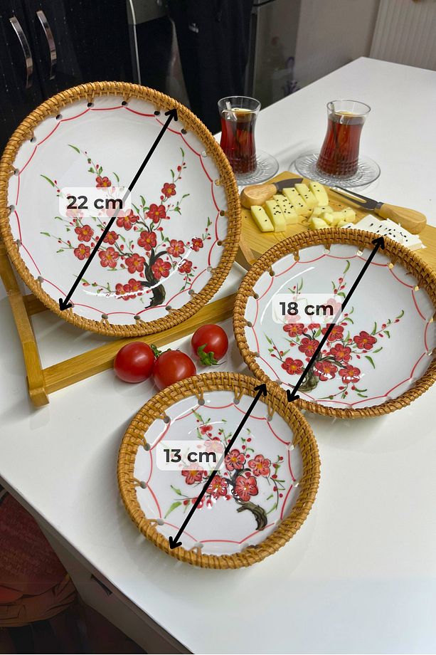 Dekoratif Tabak Seti (3lü Set) Sunum Tabağı Kırmızı Çiçekli Seramik Rattan İşlemeli Servis Tabağı - 3