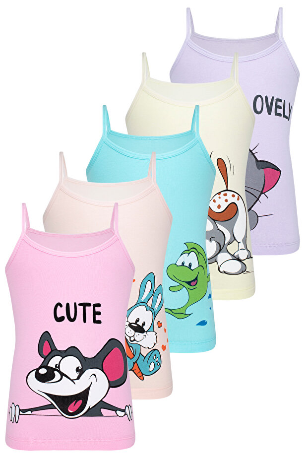 Girls Cute Animals Rope Suspended Children's Undershirt 5 Pack BYO3637