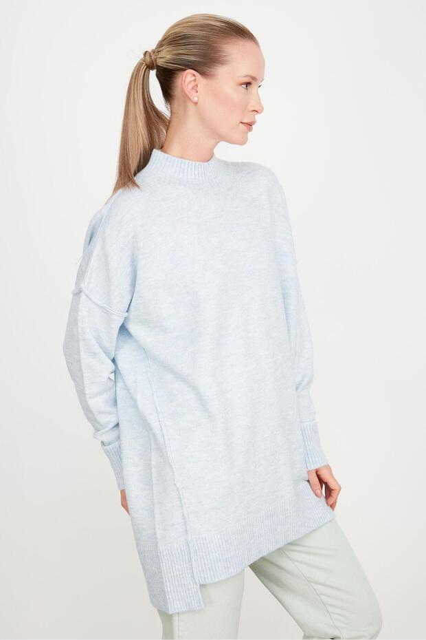 DİKİŞ DETAYLI BASİC TRİKO TUNİK MAVİ - 3