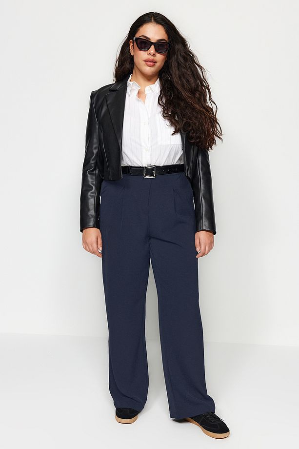 Lacivert Lastikli Yüksek Bel Pileli Wide Leg Dokuma Pantolon TBBSS22PL0448 - 8