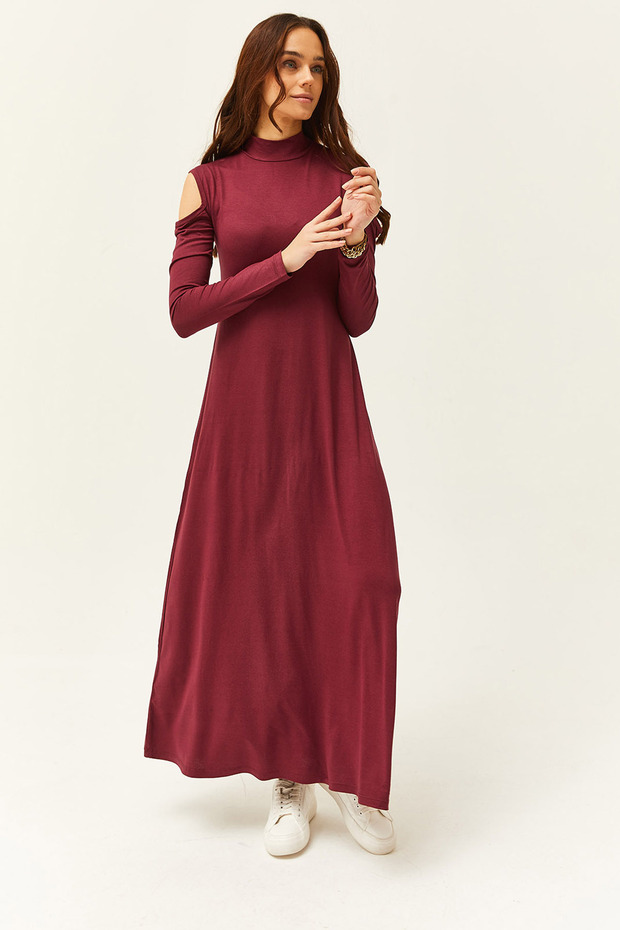 Women's Plum Shoulder Low-Cut Lycra Maxi Flared Dress Elb- 19001990