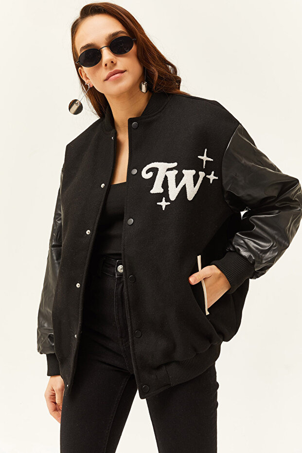 Women's Black Lined Faux Leather Garnished Pocket Oversize Bomber Jacket CKT-19000374