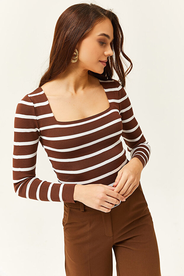Women's Striped Bitter Brown Square Collar Crop Basic Knitwear Blouse BLZ-19001114