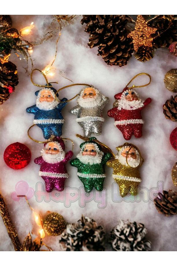 Yılbaşı Çam Ağacı Süsü 4 Cm 6 Ader Renkli Noel Baba Süs Simli Yılbaşı Noel Baba Süs Renkli - 6
