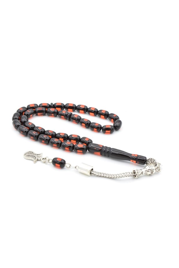 Black Red Vernier Crimped Amber Prayer Beads with Enameled Whips