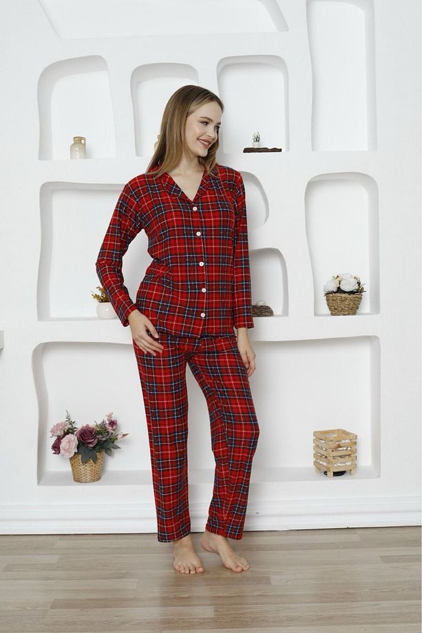 Pamuklu Kare Desenli Pijama Takımı - Mevsimlik Pijama Takımı - Düğmeli Pijama Takımı - 2