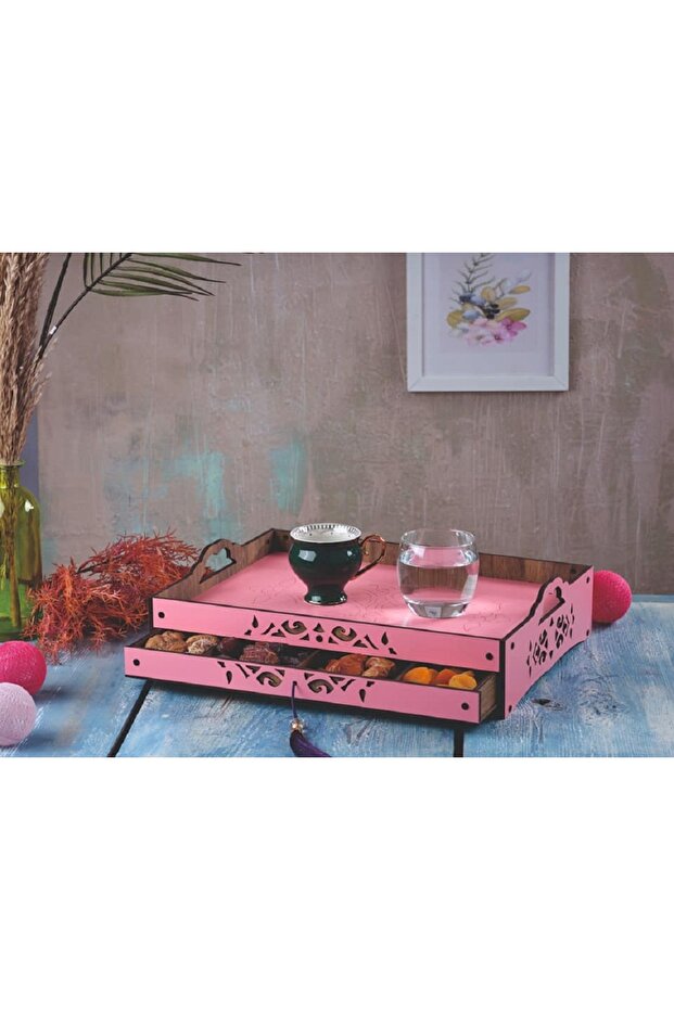 Wooden Decorative and Decorative Coffee Cup & Serving Stylish 4-Section Tray with Drawers (PINK)