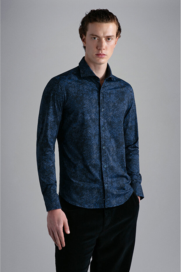 Men's Woven Bow Collar Long Sleeve Casual Navy Blue Shirt13313070-103