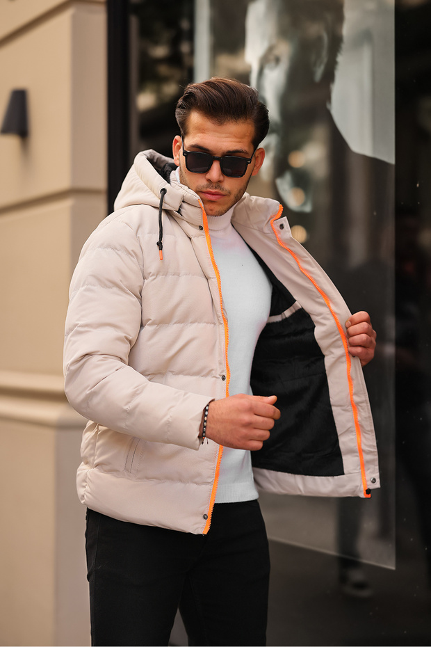 WATER AND COLD PROOF WINTER HOODED WITH POLE INSIDE ORANGE DETAIL BLACK MEN'S WINTER Puffed Coat