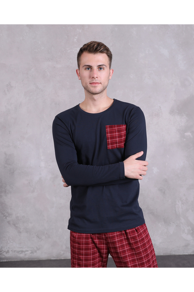 Bayram Men's Pajama Set Plaid Printed ,Long Sleeve, Pocketed , Transitional 100% Cotton , Dowry Suit, Groom's Suit