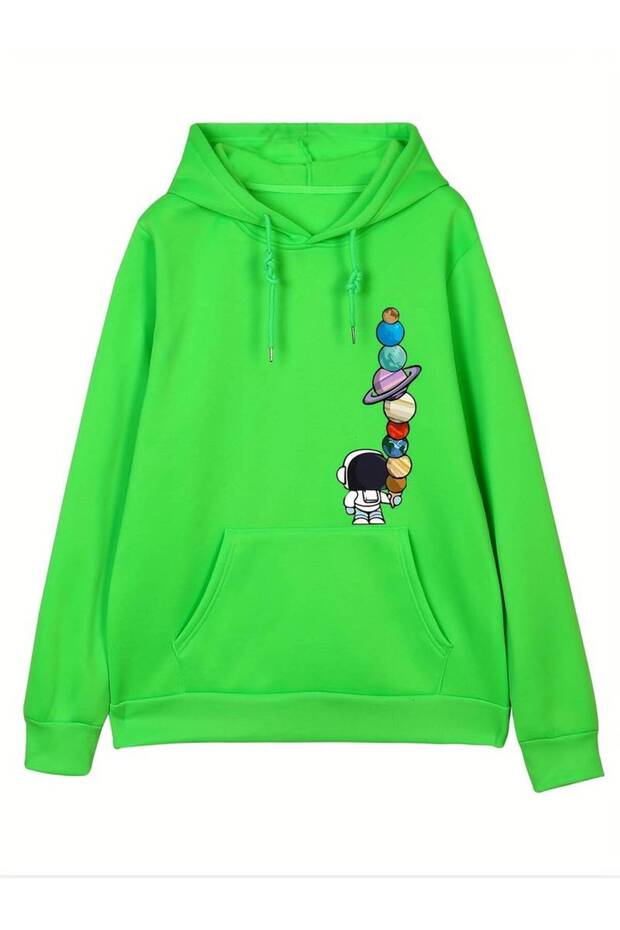 Neon Green Astronaut And Planets Special Design Printed Oversize Kangaroo Pocket Hooded Sweatshirt