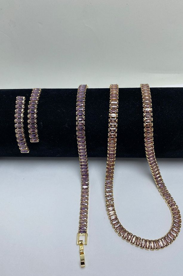 Mor Zirkon Taşlı Baget Model Su Yolu Gold Kolye & Bileklik & Küpe Set 5 mm - 3