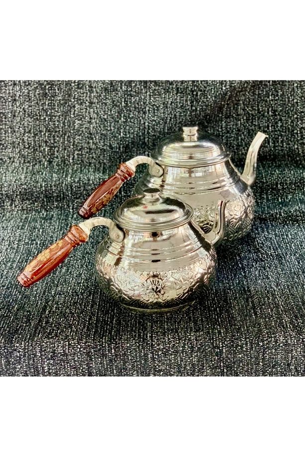 Bakır Çaydanlık Takımı İşlemeli Büyük Aile Boyu 4-6kişilik Kalaylı Kullanıma Hazır - 3