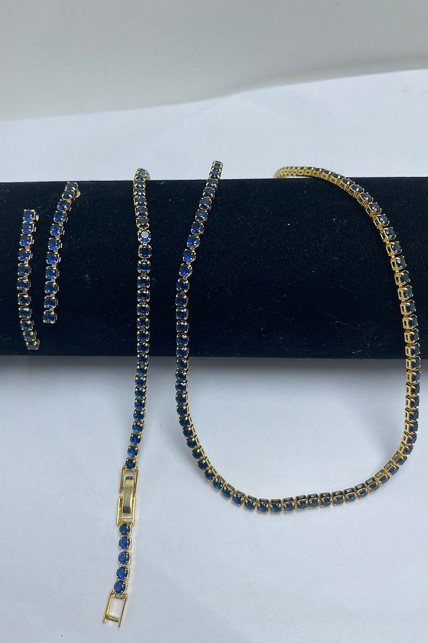 Safir Zirkon Taşlı Yuvarlak Model Su Yolu Gold Kolye & Bileklik & Küpe Set 3 mm - 3