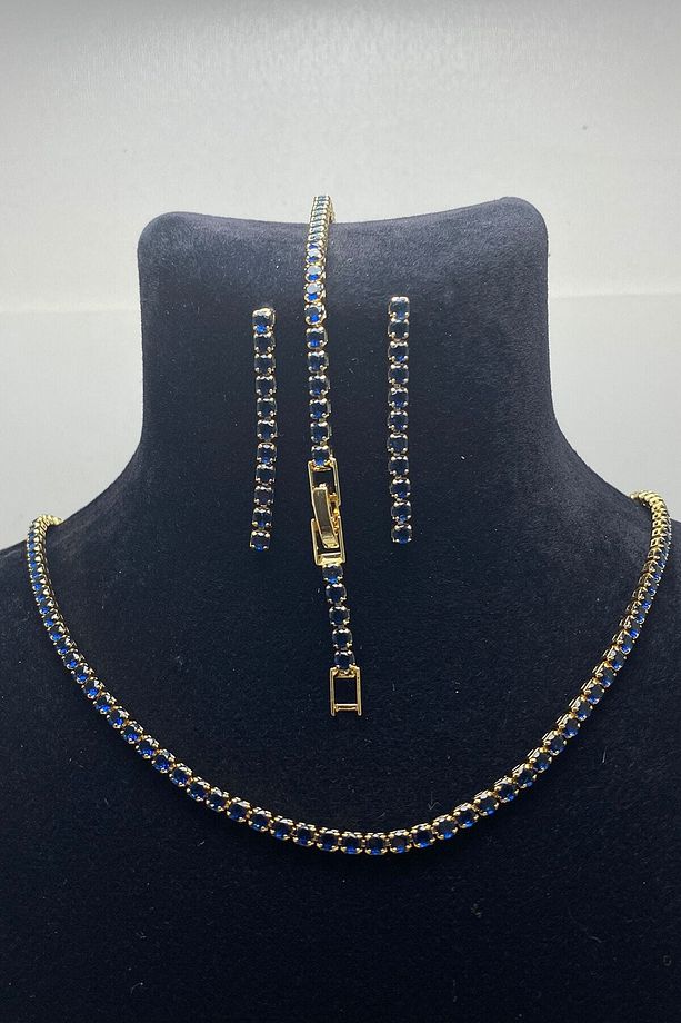 Safir Zirkon Taşlı Yuvarlak Model Su Yolu Gold Kolye & Bileklik & Küpe Set 3 mm - 2
