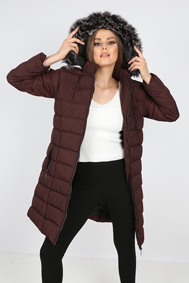 Women's Closed Burgundy Color Puffer Long Coat