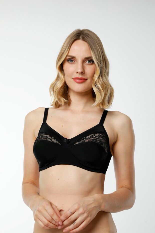 6080 Women's 3-Piece Rib 100% Cotton Black Thin Strap Chest Lace Detailed Gathering Bra