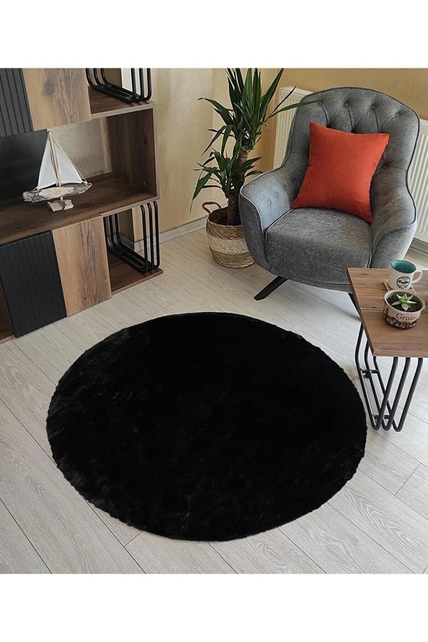 Siyah Lüks Raschel Taban Yıkanabilir Kaymaz Taban Yuvarlak Peluş Halı Yolluk - 2