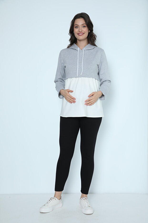 Gray White Hooded Maternity Sweatshirt Tights Tracksuit Set