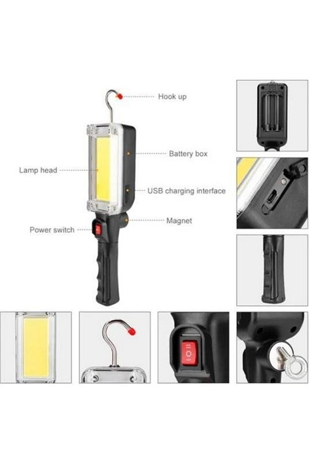 ZJ-8859 Şarjlı LED Fener Mıknatıslı Çalışma Lambası Sabitleme ve Hareketli Kanca Siyah - 3