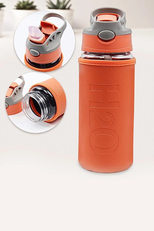 Leather Covered Glass Flask with Straw - 500 ml-H2O87152 Orange