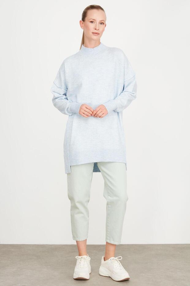 DİKİŞ DETAYLI BASİC TRİKO TUNİK MAVİ - 1