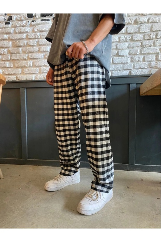 Harajuku Plaid Black Square Patterned Unisex Pajama Sweatpants