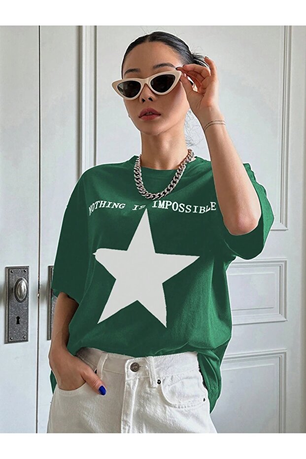Women's Nefti Green Imposible Star Printed Oversized T-Shirt