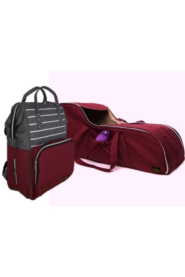 Mother Baby Care Bag Carry Cot Baby Carrier Stroller Set of Two Striped Gray Claret Red