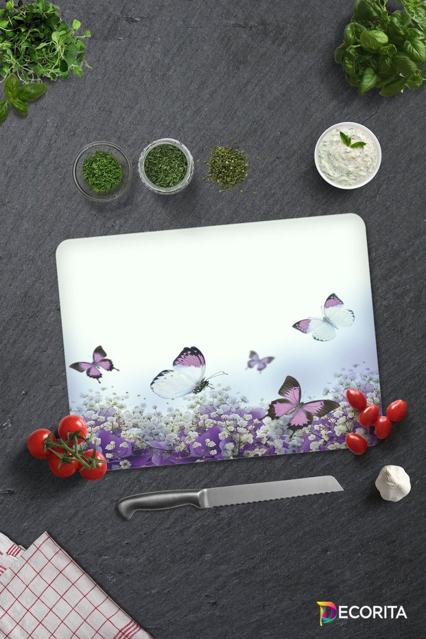 Purple Flowers and Butterflies | Glass Cutting Board - Glass Cutting Board | 30cm X 40cm