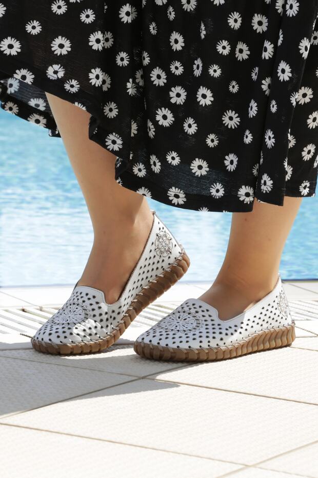 White Genuine Leather Ballerina Shoes - Model Name Taylor