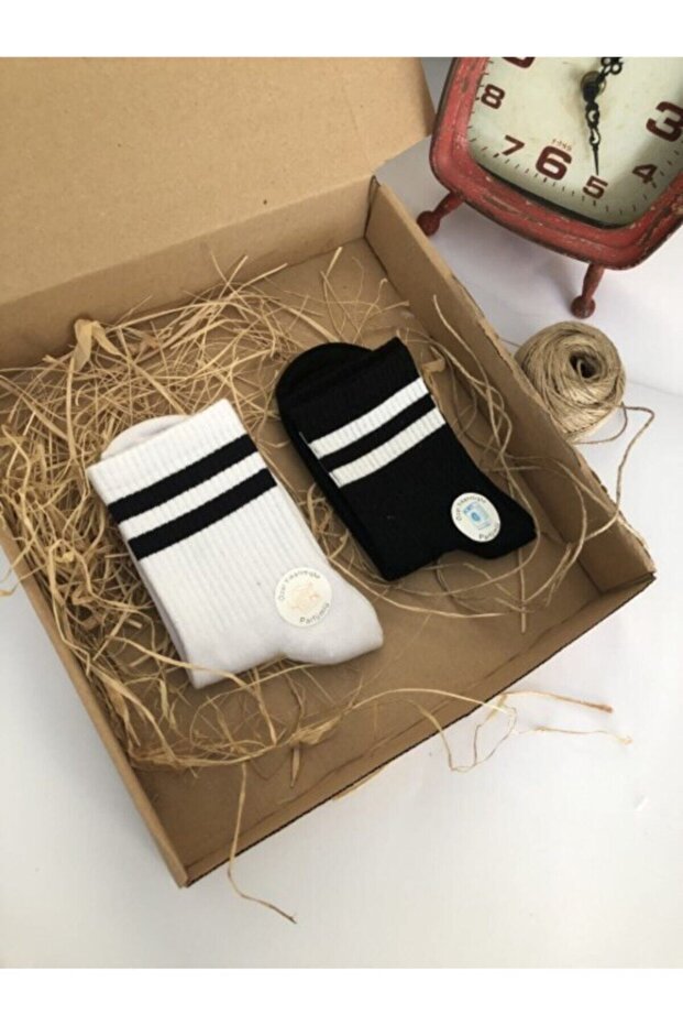 Unisex Black and White Trend Tennis College Socks 2 Pack Lo45895