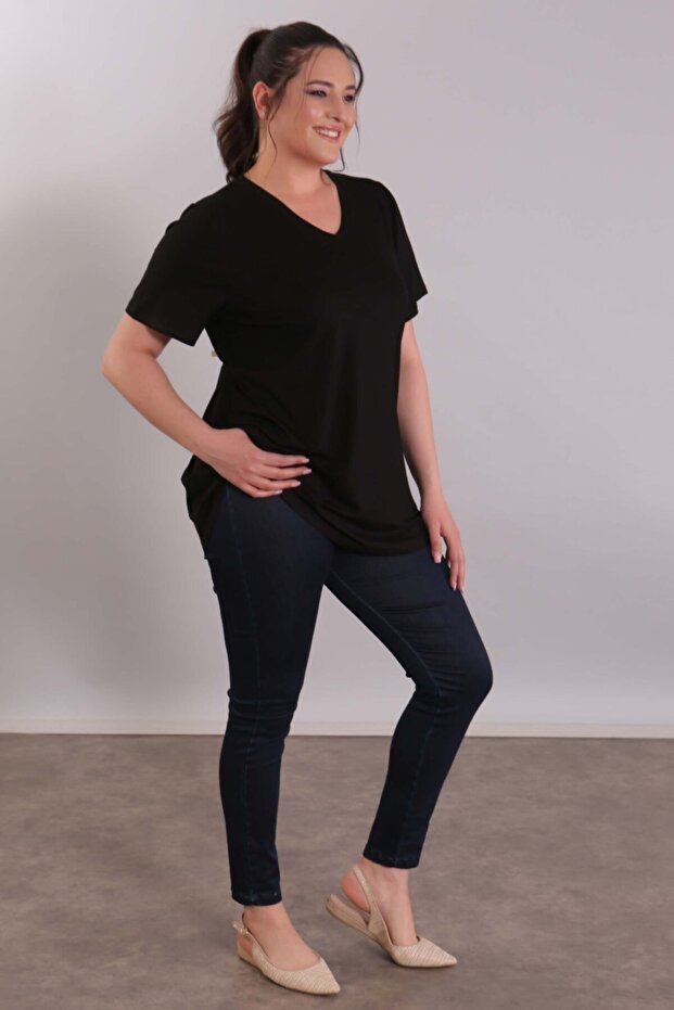 Kadın Siyah V Yaka Basıc Bluz - 2